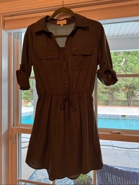 BeBop Olive Green Button-Front Drawstring Waist Midi Shirt Dress